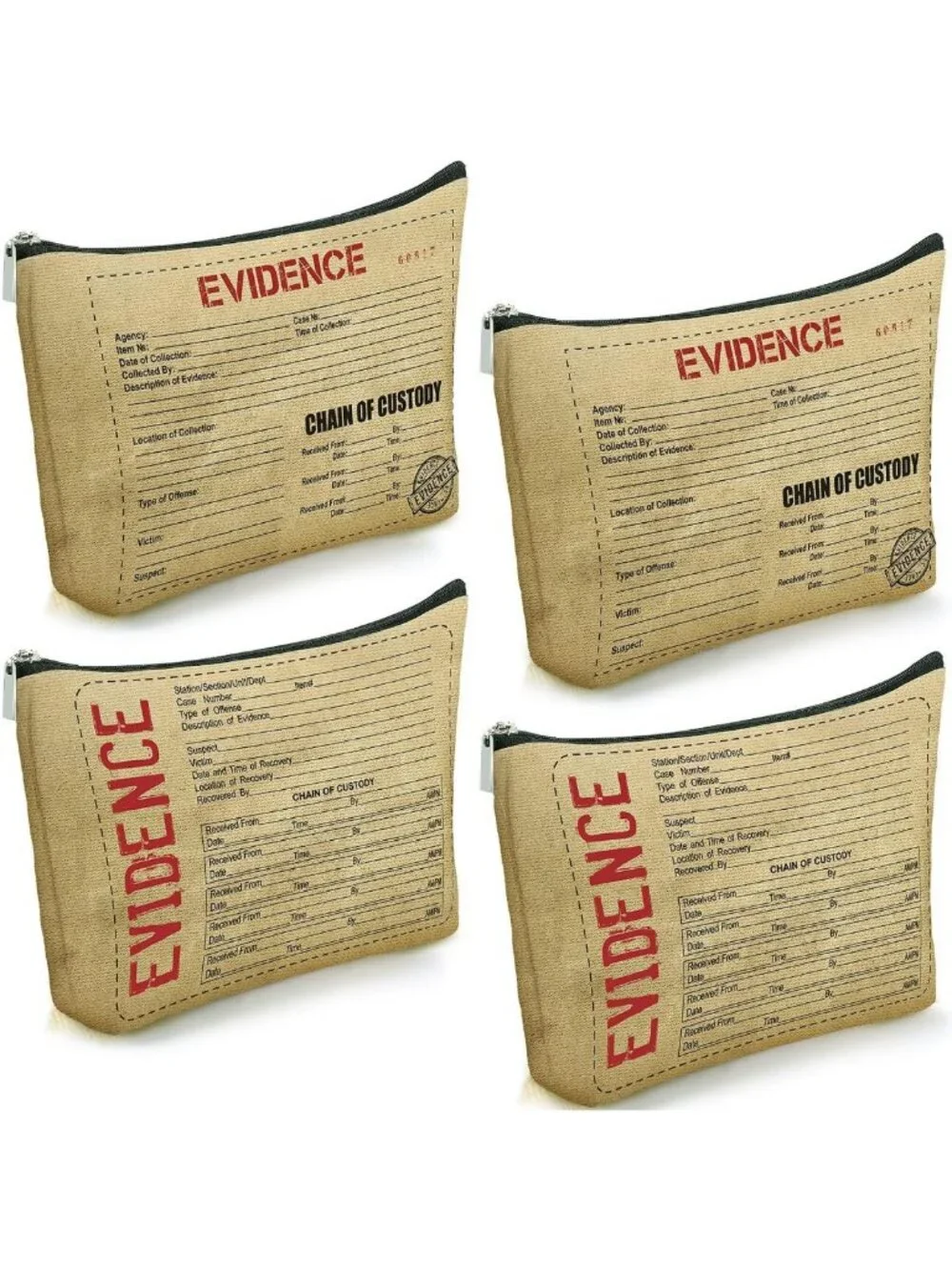 4 Pcs True Crime Makeup Pouches - Zippered Evidence Bags for Organizing
